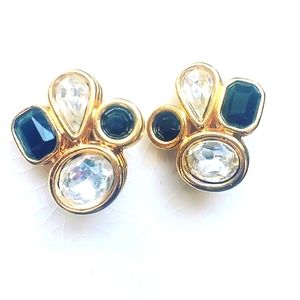 Vintage Marquis rhinestone, black and gold tone clip on earrings